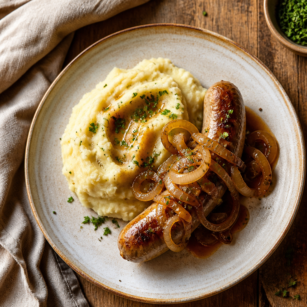 Bratwurst with Onions and Mashed Potatoes