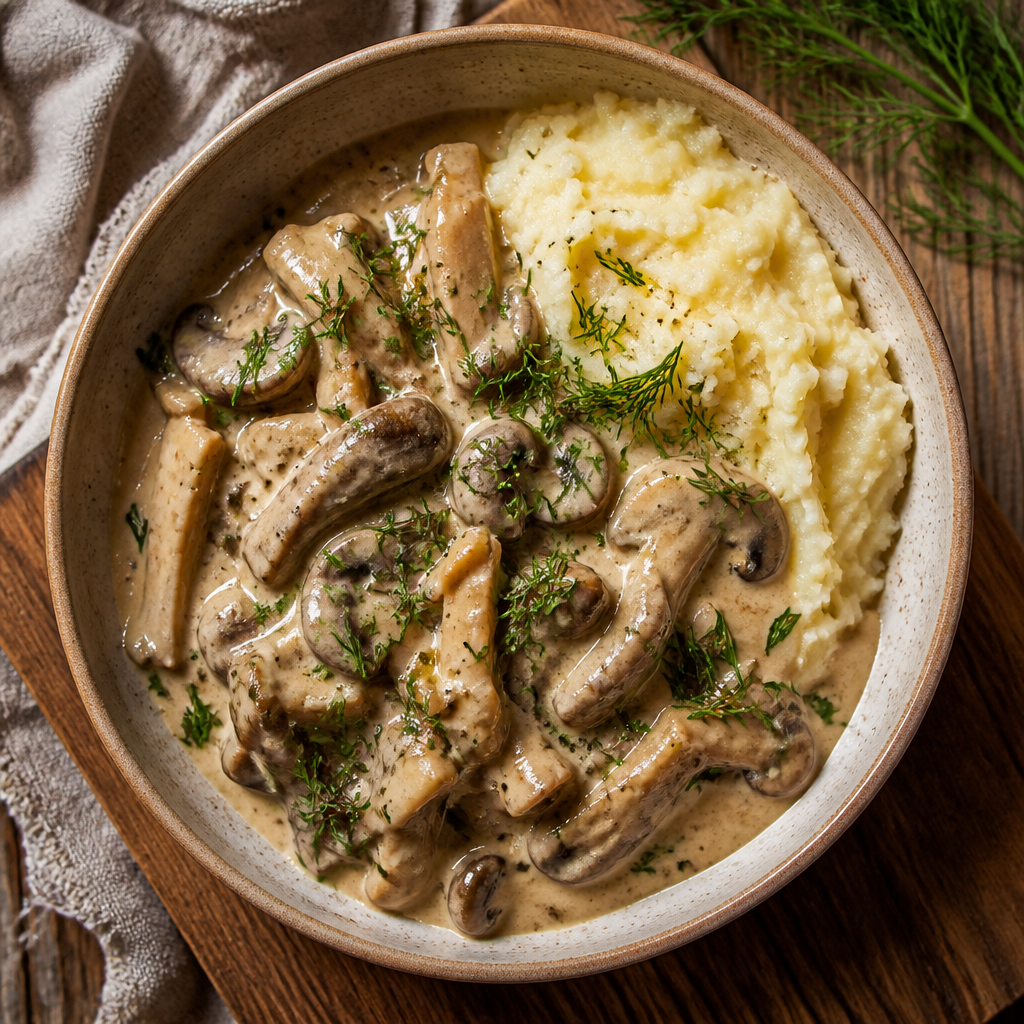 Stroganoff vegano de champiñones en salsa cremosa