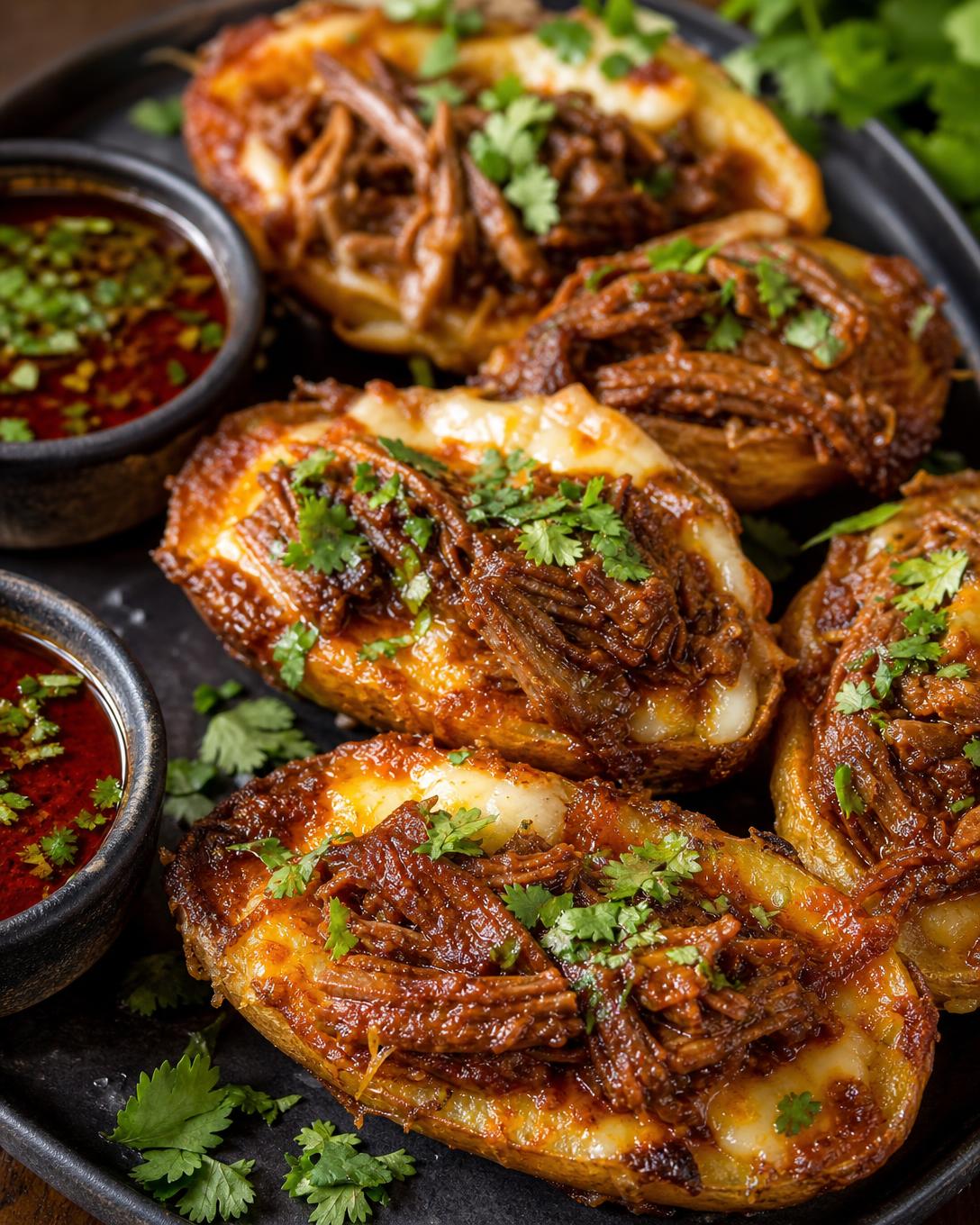 Potato skins à la birria gratinées au fromage