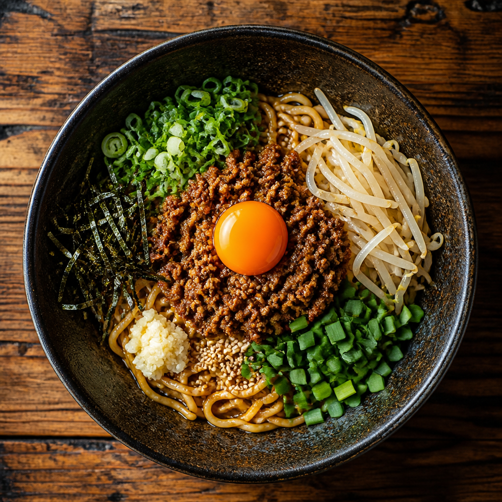 Mazesoba mit würzigem Schweinehack und Eigelb