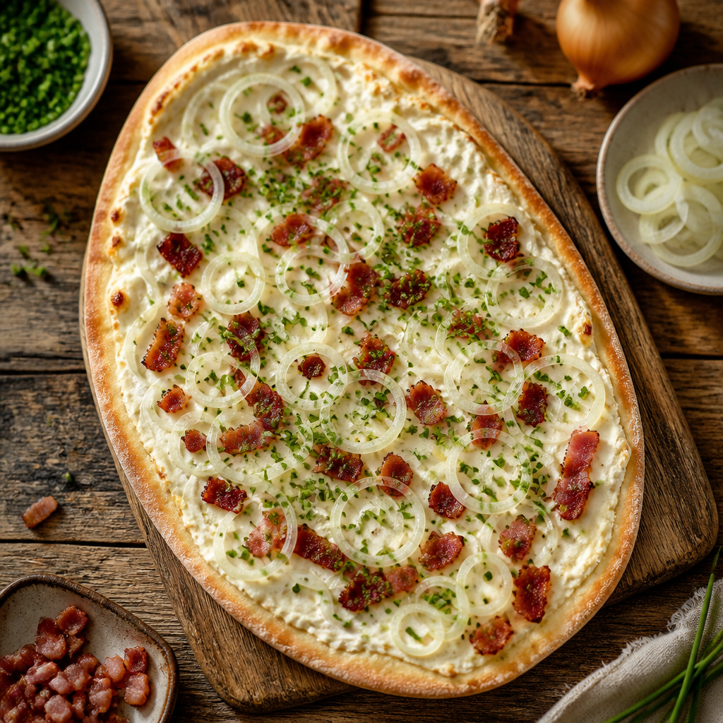 Flammkuchen klassisch: Rezept mit Speck und Zwiebeln